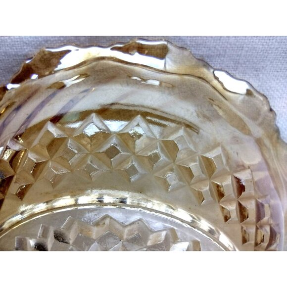 Amber Glass Bowl Vintage Carnival Diamond Pattern Ruffle Trim Clear 6.5 Inches - Picture 9 of 11